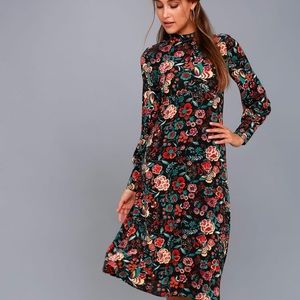 Lulu’s Retro Ready Black Floral Print Long Sleeve Midi Dress